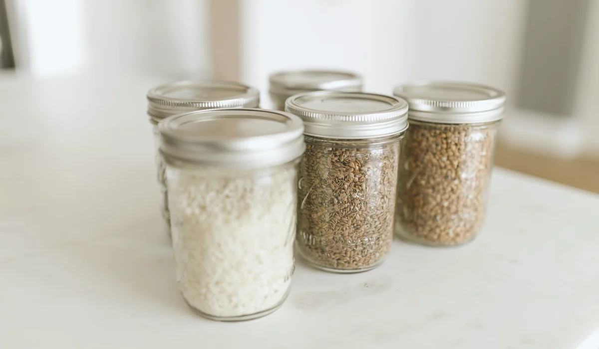 Close-up of glass jars filled with rice and grains on a kitchen counter, ideal for storage.